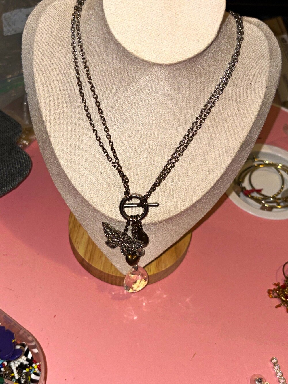 Silver Tone Cable Chain Multi Charm Necklace Butterfly Bow Hope Clear Crystal